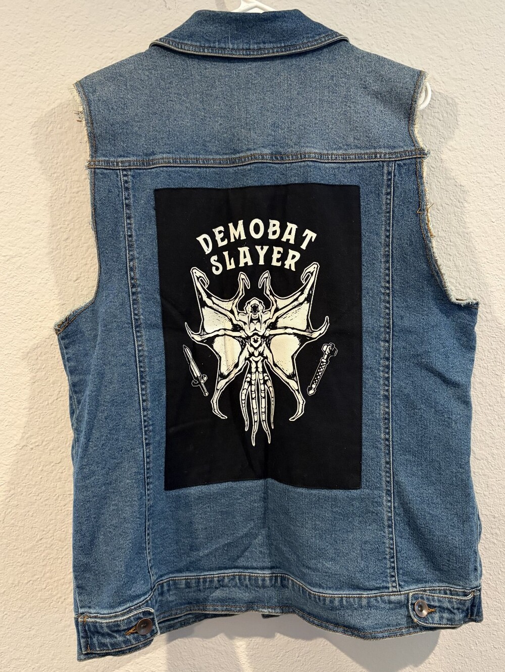 Stranger Things Unisex Demobat Slayer Distressed Denim Patch Button Up Vest L
